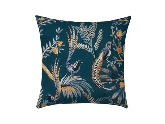 Amherstâ€™s Pheasant Velvet Cushion Cover, Teal 50x50cm